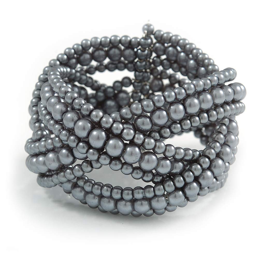 Avalaya Wide Grey Glass Bead Plaited Flex Cuff Bracelet - Adjustable