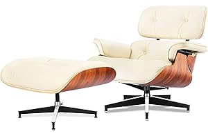 Tranqu Mid Century Chaise Lounge Chair and Ottoman Top Grain Leather Classic Accent Chairs 360° Swivel Base Quality Wooden Shell Lounge Chair for Living Room Study Reading - Ivory White/Palisander