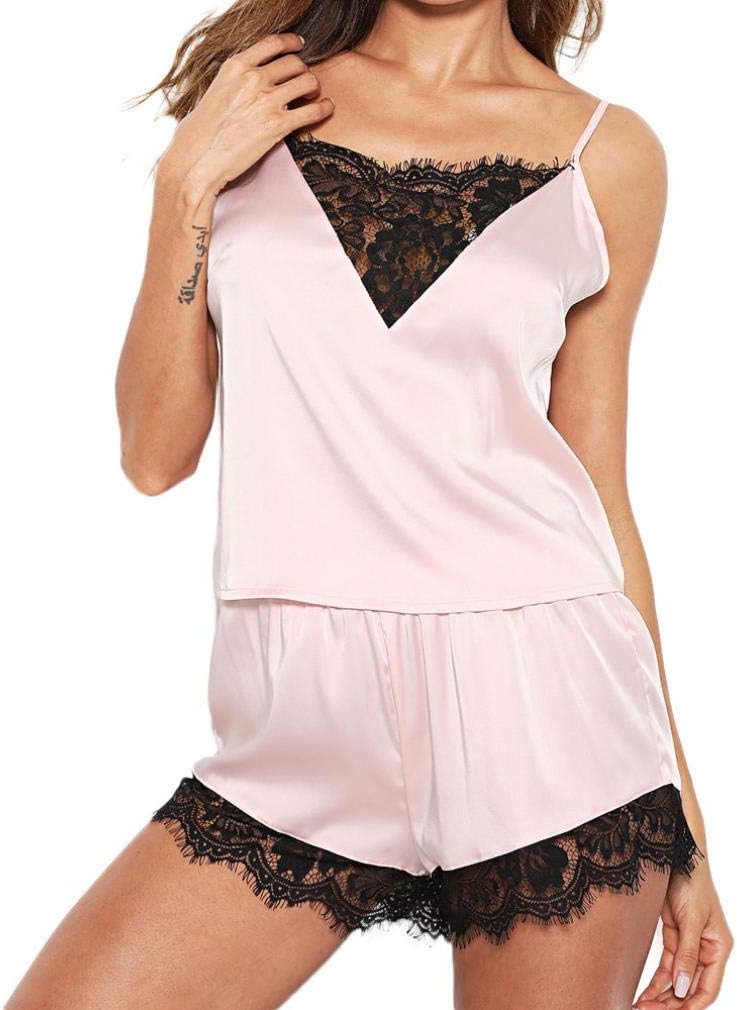 NREALY PJ Women's Sleepwear Sleeveless Strap Nightwear Lace Trim Satin Cami Top Pajama Sets