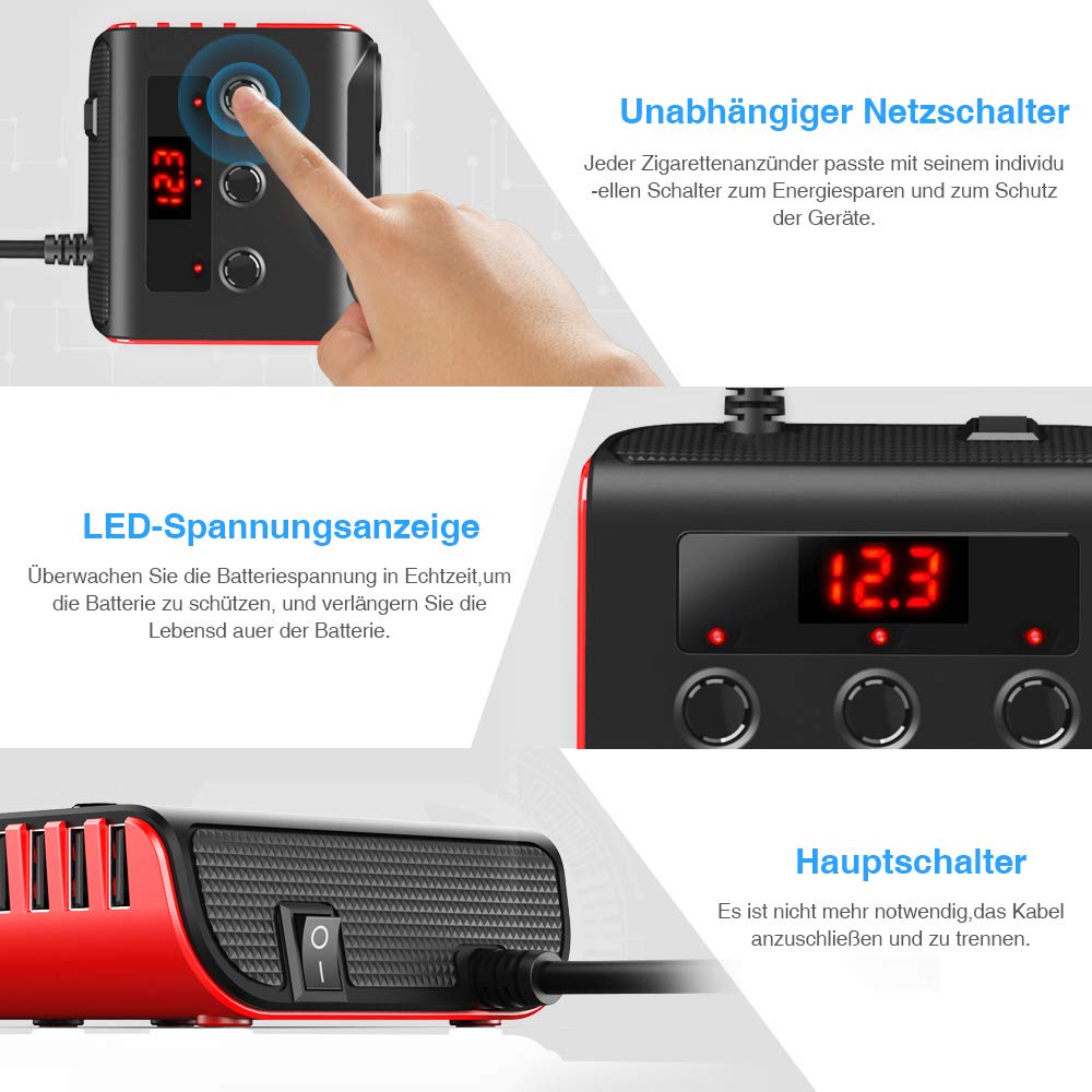 Auto Ladegerät Adapter, SONRU 3 Fach KFZ Zigarettenanzünder Verteiler mit 4 USB Ports, 120W 12V/24V DC Mehrfach Steckdose Splitter mit LED Voltmeter Getrennte Schalter für GPS/Dash Cam/Telefon 5