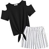 Arshiner Girls Short Sets 2 Pieces Outfits Short Sleeve Tie Knot T-Shirts and Casual Shorts With Pockets Cute Clothes Sets