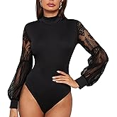 Women Bodysuit Lace Splicing Long Mesh Sleeve Mock Turtle Neck Slim Women Bodysuit Jumpsuits for Party Holiday Dating (XL)