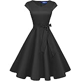 OBBUE Women's Vintage Cocktail Dresses V Neck 1950s Dresses Homecoming Party Short Sleeves Dress with Pockets