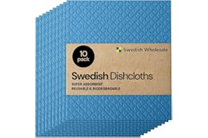 SWEDISH WHOLESALE Swedish Dishcloth Cellulose Sponge Cloths – Bulk 10 Pack of Eco-Friendly No Odor Reusable Cleaning Cloths for Kitchen – Absorbent Dish Cloth Hand Towel