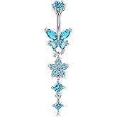 Longita Silver Gold Belly Button Ring Dangle Belly Rings Clicker Dangling Dangly Belly Piercing Surgical Steel Hypoallergenic Pearl Pink Bow Butterfly Flower Navel Rings for Women Dainty no Tarnish