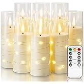 Homemory Flameless Candles with Embedded Star String Fairy Lights, Battery Operated Candles with Remote Control and Timer, Acrylic Flickering LED Candle for Fall Decor, Ivory, Set of 9, D2.2”xH5”6”7”