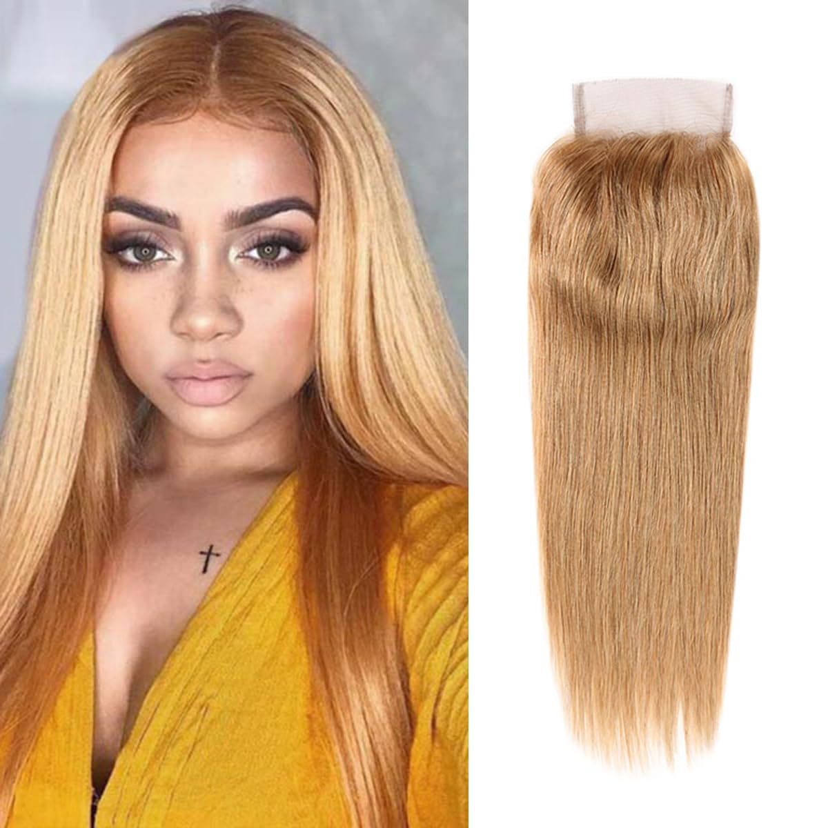 4x4 Closure Human Hair Honey Blonde Closure 4×4 27# Lace Closure 100% Unprocessed Brazilian Virgin Human Hair Straight Weave Free Part 12 Inch
