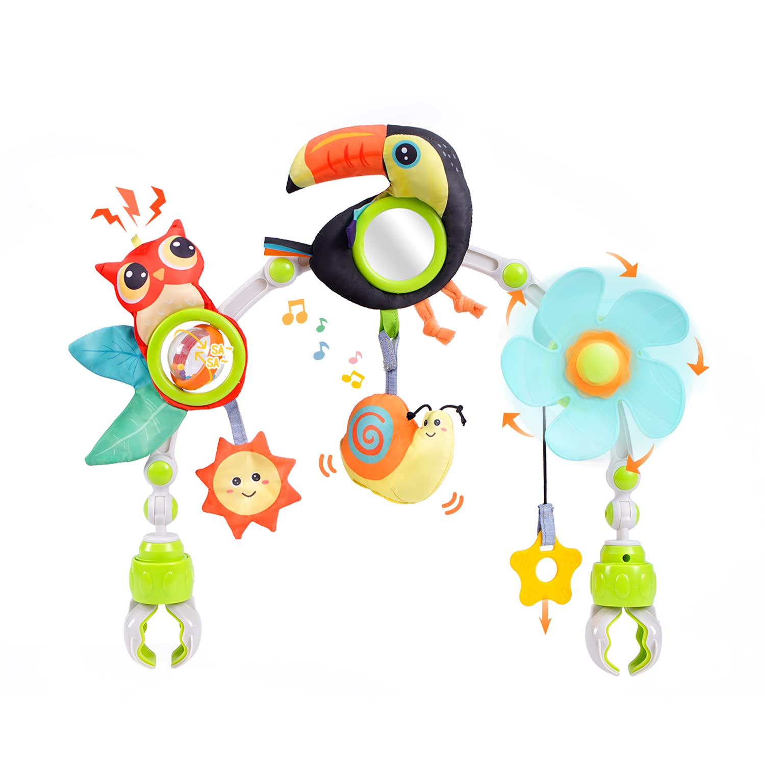 Koty Baby Stroller Arch Toy with Teether, Rattle, Crinkle Sound, Mirror & Music Box, Newborns Sensory Activity Carrier Take-Along Toy, Adjustable for Bouncers, Car Seat & Pram 0M+(Toucan)