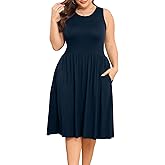 POSESHE Womens Plus Size Dress 2024 Summer Round Neck Sleeveless Casual Empire Waist Loose Fit Swing Tank Dress with Pockets