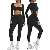 OMKAGI 2 Piece Workout Sets for Women Long Sleeve Padded Sports Bra High Waisted Gym Outfits with Pocket