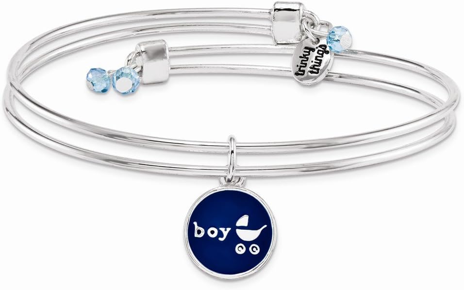 Trinky Things Silver-Tone Blue Enamel Baby Boy Stroller Bangle Bracelet with Crystals