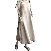 AUDATE Women's Maxi Dress Solid Plus Size Loose Cotton Linen Long Dresses with Pockets