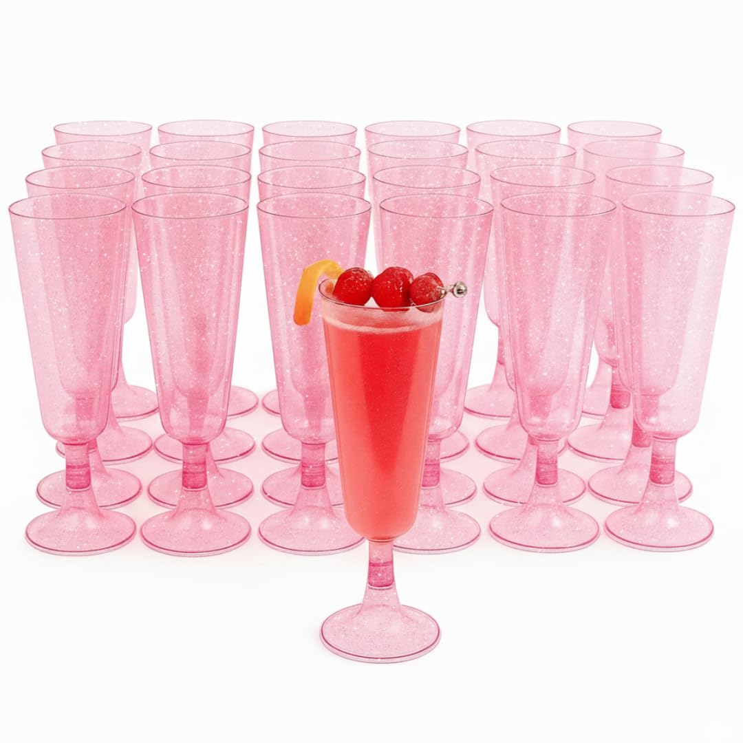 MATANA 50 Premium Pink Plastic Champagne Flutes with Glitters, 150ml - Reusable Plastic Cups, Pink Flutes, Prosecco Glasses for Weddings, Birthdays, Hen Do, Themed Parties
