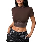 MakeMeChic Women's PU Leather Crop Top Short Sleeve Mock Neck Slim Fitted Y2k Party Going Out Tops