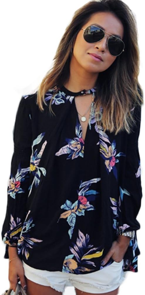 Mixmax Women Casual Long Sleeve Floral Print Chiffon Blouse Shirts Tops