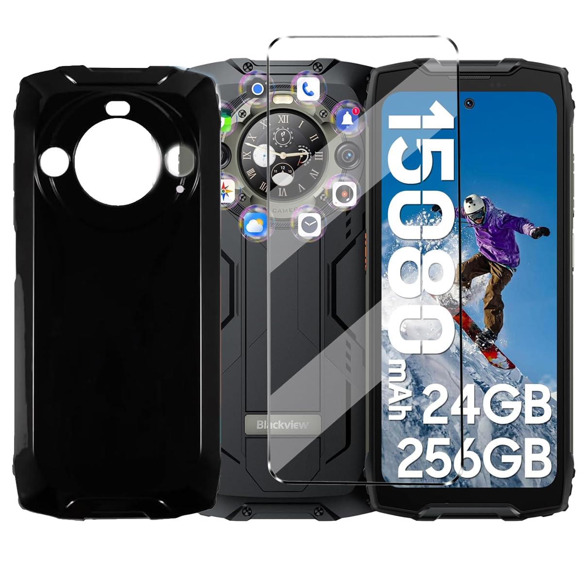 2-in-1 Case Compatible with Blackview BV9300 Pro Cover with 1 Pack Tempered Glass Screen Protector for Blackview BV9300 Pro, Slim Fit Soft TPU Shockproof Anti-Scratch Phone Case Cover - Black