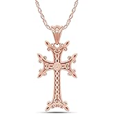 AFFY Khachkar Armenian Cross Pendant Necklace for Women & Men, 14K Gold Over 925 Sterling Silver Religious Christian Jewelry with 18" Rope Chain, Faith Gift