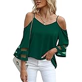 Jouica Womens Summer Cold Shoulder Tops Mesh Panel 3/4 Bell Sleeve Tees Adjustable Spaghetti Strap Loose Fit Shirts
