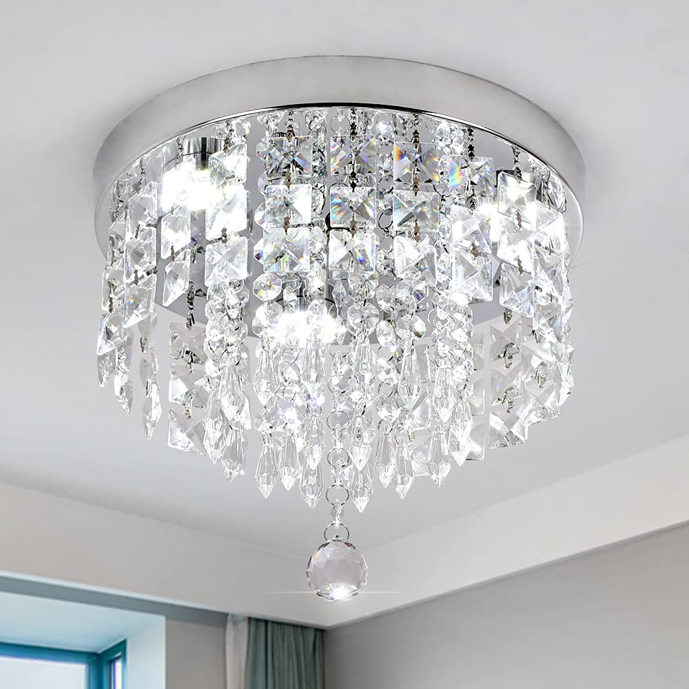 Photo 1 of Deckrico Crystal Chandelier Modern Led Ceiling Light Flush Mount Stainless Steel Fixture Beaded Light Shade for Bedroom Dining Room Hallway Porch (White Light)