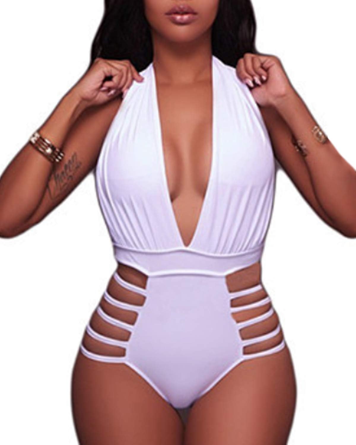 Aqua EveWomen Sexy One Piece Swimsuits Halter Plunge V Neck Cutout Bathing Suits