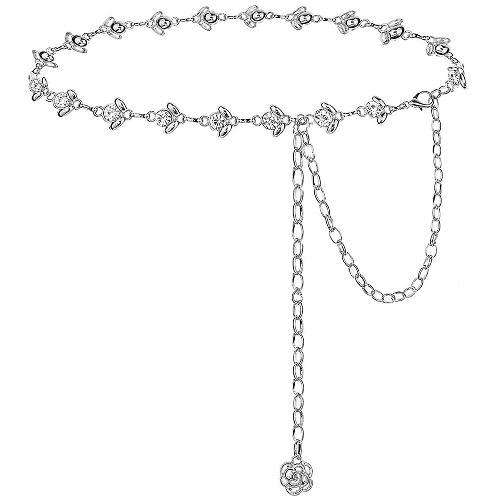 YooAi Chain Belt Rhinestone Waist Chain Metal Body Chain for Dress Silver 135cm