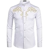 ZEROYAA Men's Western Stylish Band Collar Dress Shirts Embroidery Slim Fit Long Sleeve Mandarin Collar Shirt
