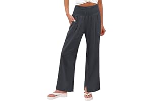Women Cotton Linen Palazzo Pants High Smocked Waisted Drawstring Wide Leg Pant Pleated Lounge Trousers with Pockets