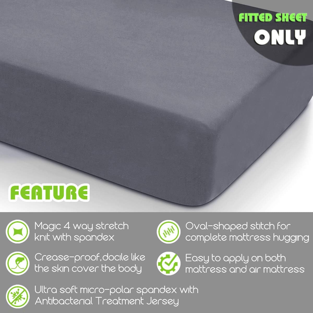 COSMOPLUS Fitted Sheet Full Fitted Sheet Only（No Flat Sheet or Pillow Shams）, 4 Way Stretch Micro-Knit, Snug Fit, Wrinkle Free, for Standard Mattress and Air Bed Mattress from 8” Up to 14”, Gray -