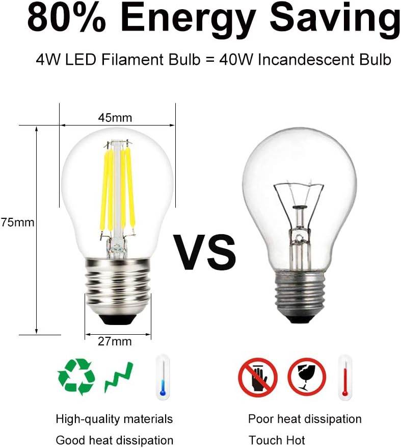 ZFQ 4W G45 E27 LED Filament Golfball Bulb, Cool White 6500K Edison Screw 40W Incandescent Equivalent - Image 3