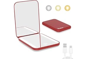 Kintion Rechargeable Pocket Mirror, Double Sided 1X/3X Magnification Compact Vanity Mirror, 3 Color Lights, Dimmable, Small Portable Wallet Mirror, Lighted Travel Mirror for Women Gifts, Wine Red