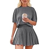 Jenisso Womens 2 Piece Outfits 2026 Short Sleeve Crewneck Knit Tops And Pleated Mini Skirt Two Piece Sets