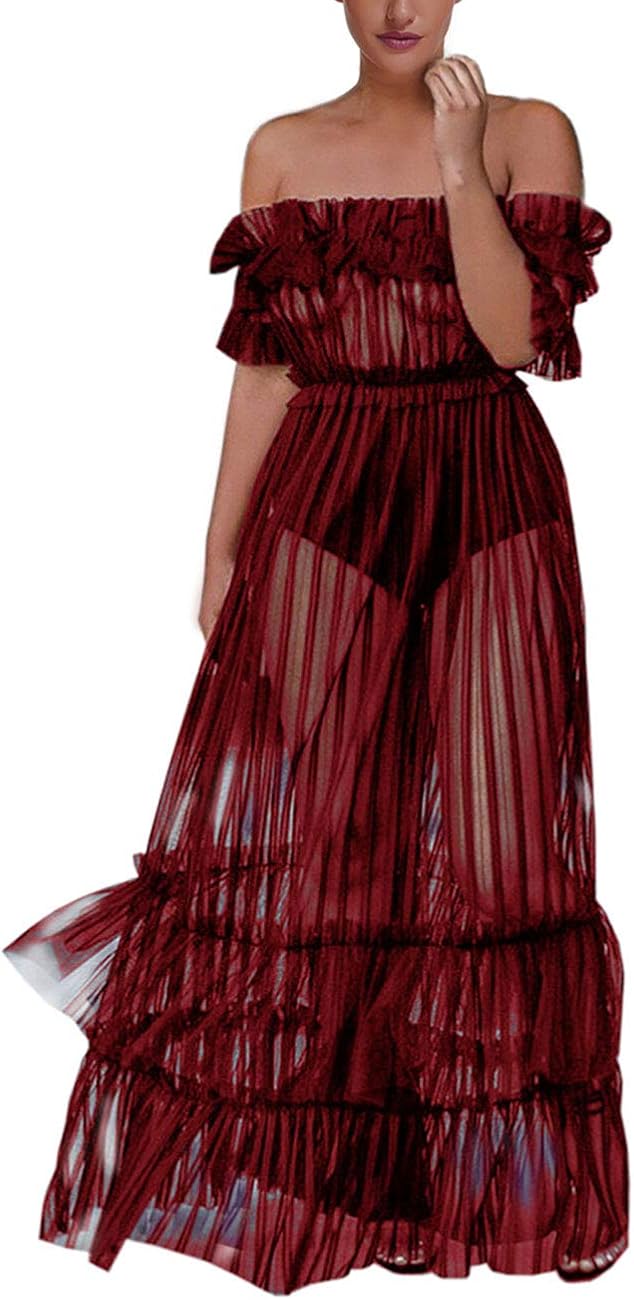 XAKALAKA Women's Sexy Lace Off Shoulder High Wasit Flared Mesh Club Maxi Dress Beach Cover Up at  Women’s Clothing store