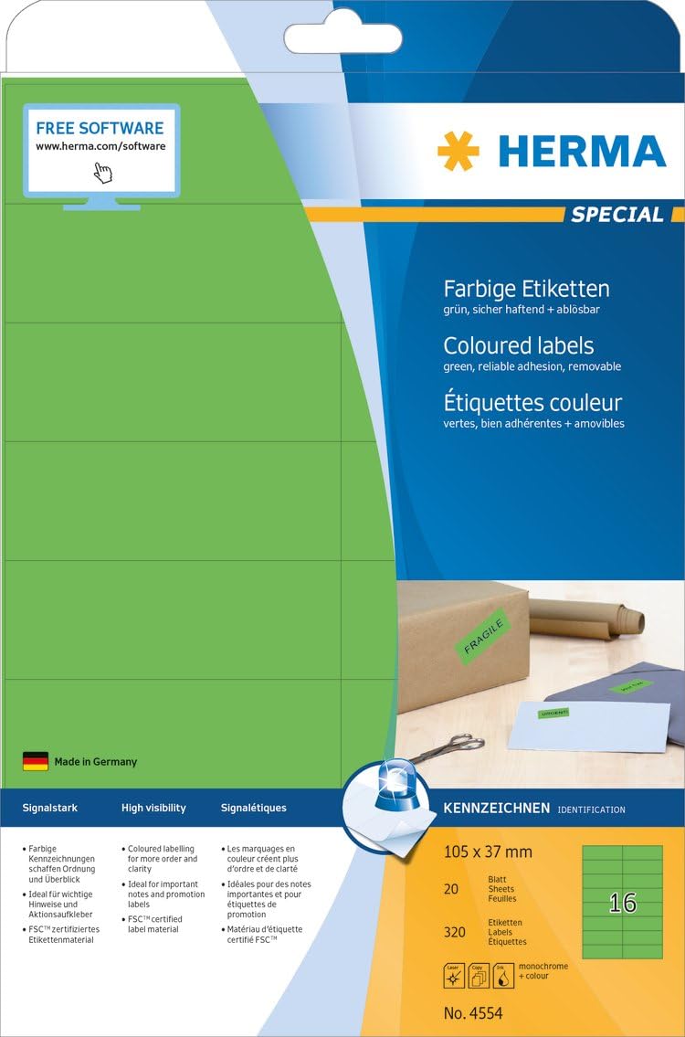 HERMA Self-Adhesive Coloured Labels, 16 per A4 Sheet, 20 Sheets, 105 x 37 mm, 320 Total - Image 4