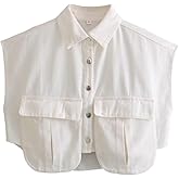 Perbai Womens Cropped Button Down Shirt Summer Collared Sleeveless Loose Denim Top with Pockets