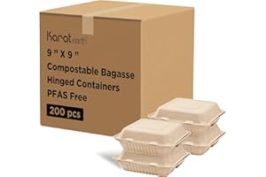 KARAT EARTH Clamshell Take Out Food Containers [9"x9", 200 ct ] 3 Compartments | Compostable To Go Containers, Natural Biodegradable Bagasse