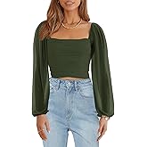 Wenrine Womens Mesh Long Sleeve Crop Tops Night Going Out Square Neck Off The Shoulder Ruched Shirt Blouses Dressy Casual