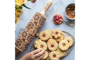 LOTUS Embossing rolling pin. Engraved wooden embossed dough roller for embossed cookies or clay by Algis Crafts