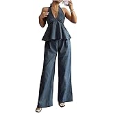 OYOANGLE Women's Two Piece Striped Outfits Backless Ruffle Halter Shirt Wide Leg Pants Business Casual Matching Sets