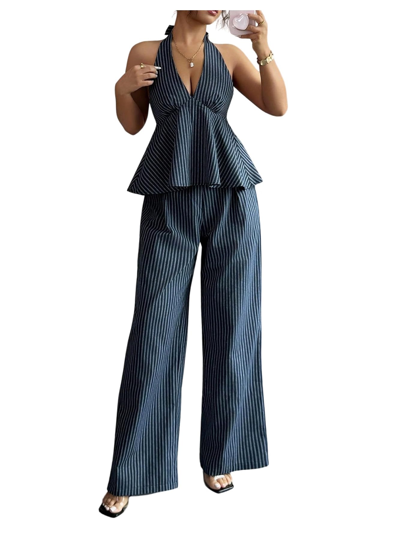 Photo 1 of OYOANGLE Women's Two Piece Striped Outfits Backless Ruffle Halter Shirt Wide Leg Pants Business Casual Matching Sets Blue X-Large