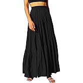 ANRABESS Women’s Boho Elastic High Waist Pleated A-Line Flowy Swing Asymmetric Tiered Maxi Long Skirt Dress with Pockets