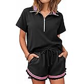 Aoysky 2 Piece Outfits Short Sets for Women Sweatsuit Casual Tracksuits Summer Half Zip Ruffle Tops Matching Sets