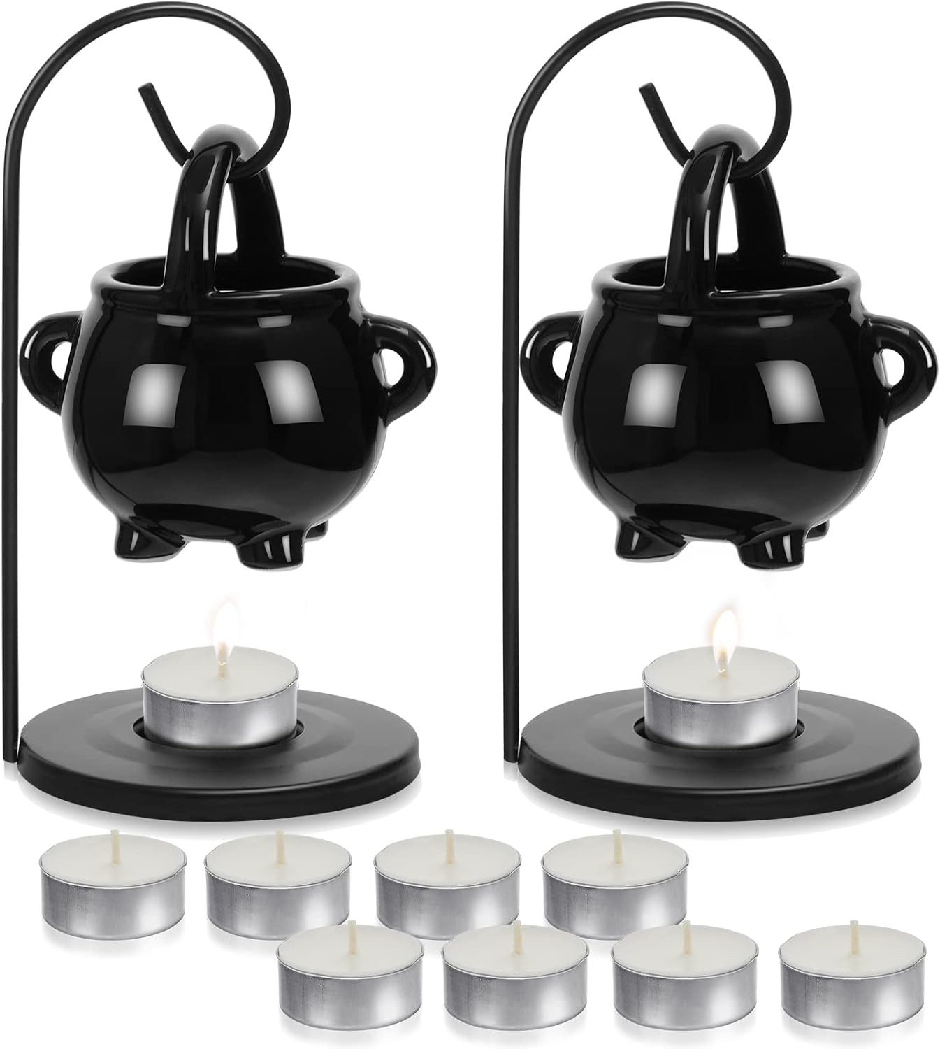 Oil Lamps & Accessories - 2 Pcs Hanging Cauldron Pagan Oil Burner with Handle Lid 10 Pcs White Tea Lights Candles Halloween Wax Warmer Witches Witchcraft Home Black Gothic Home Decoration Diffuser Ceramic Witches Cauldron