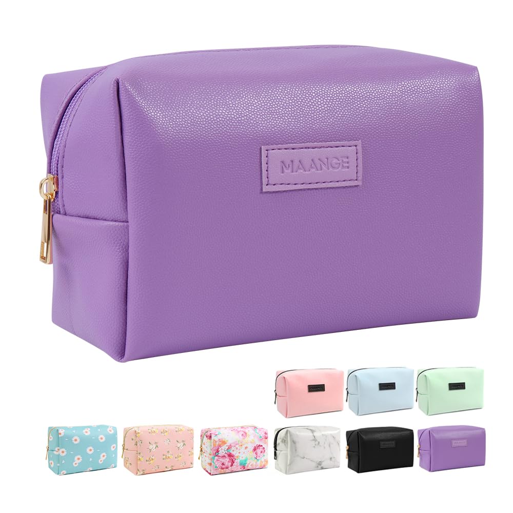Small Makeup Bag MAANGE Travel Cosmetic Bag Makeup Pouch PU Leather Portable Make up Bag Versatile Zipper Makeup Bag for Women (Purple) — image 1
