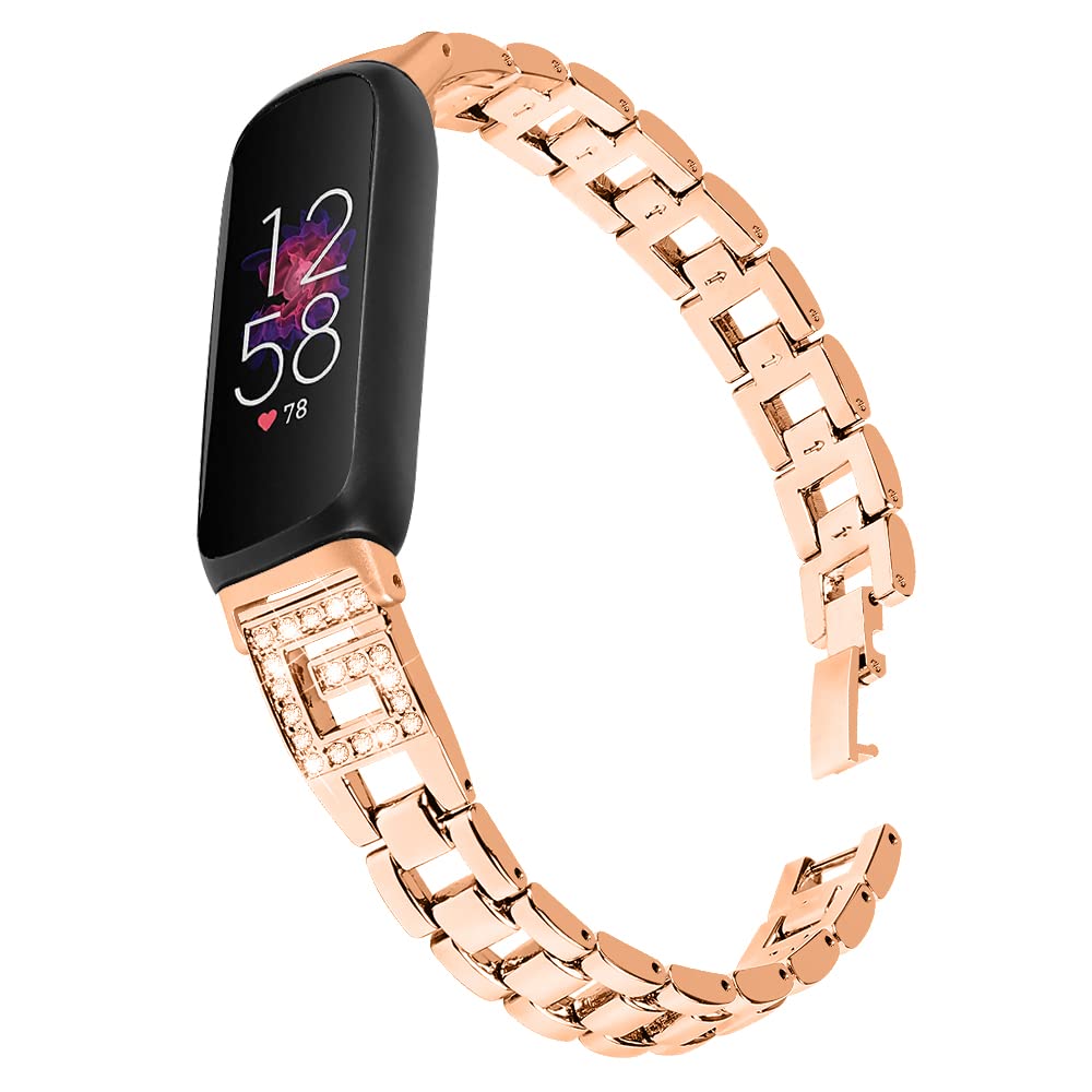 Gimuk Metal Strap for Fitbit Inspire 3 Straps for Women Men, Adjustable Stainless Steel Bands Bling Rhinestone Replacement Strap Bracelet Wristbands for Fitbit Inspire 3 (Rose Gold)