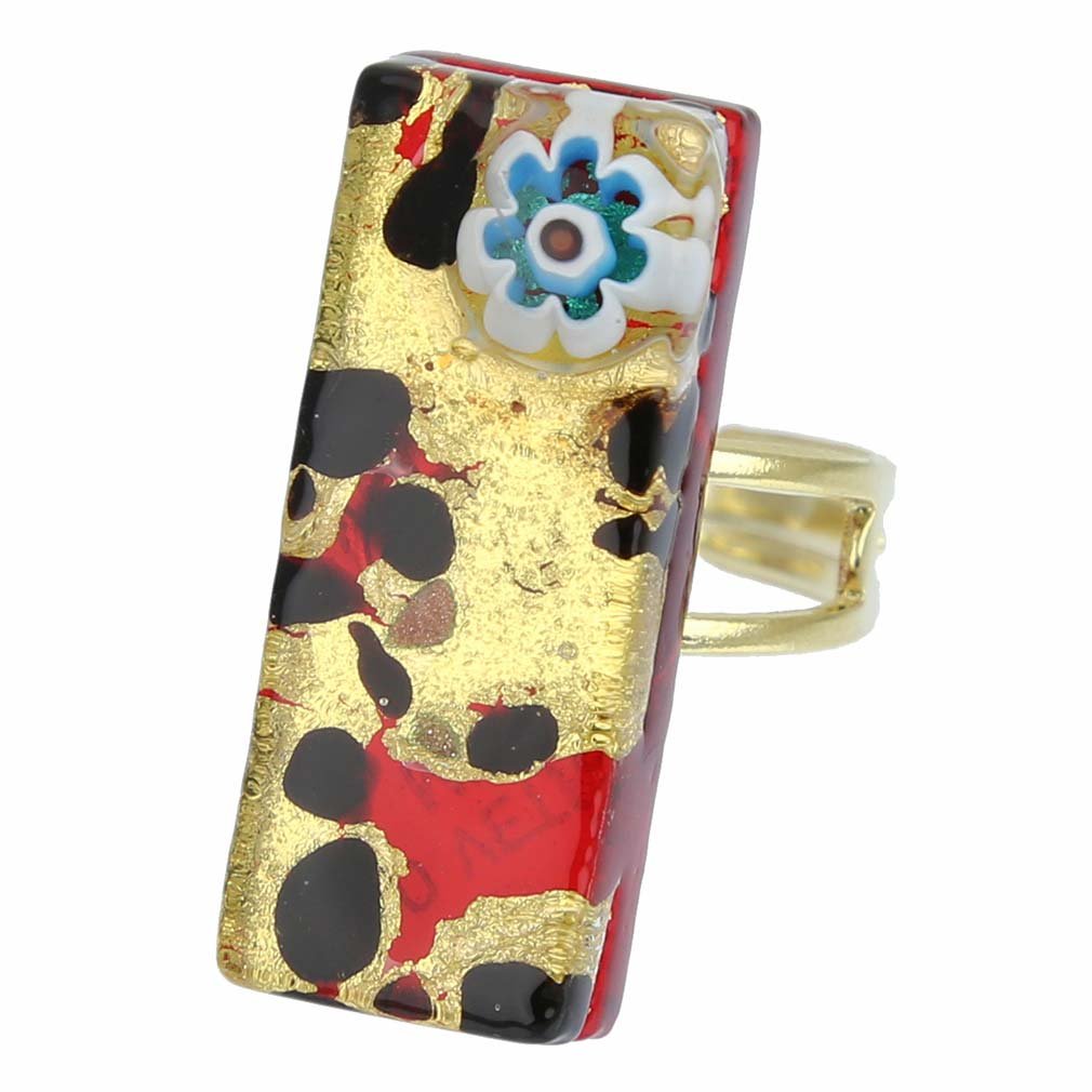 Glass Of Venice Murano Glass Venetian Reflections Rectangular Adjustable Ring - Gold Millefiori