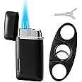 Bbsisgo 𝐂𝐮𝐭𝐭𝐞𝐫 and Lighter Set, Double Jet Flame Butane Torch Lighter with Adjustment Flame Tools, Refillable Windproof Gas Lighter. Black(Sold Without Gas)