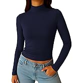 ForeFair Womens Turtleneck Mock Neck Long Sleeve Shirts Going Out Double Lined Crop Tops Slim Fitted Basic Tee