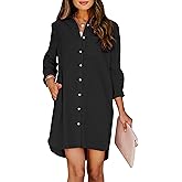 Aoudery Womens Button Down Shirt Dresses with Pockets Cotton Button Up Tunics Long Sleeve Solid High Low Blouse Tops - Black S