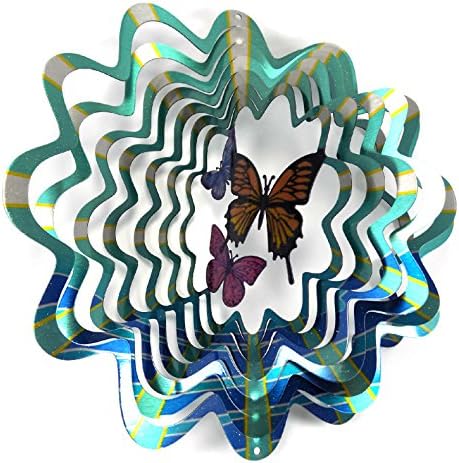 WorldaWhirl Whirligig 3D Wind Spinner Hand Painted Stainless Steel Twister Butterfly (12 Inch, Multi Color Blue Teal Silver) (12 Inch)