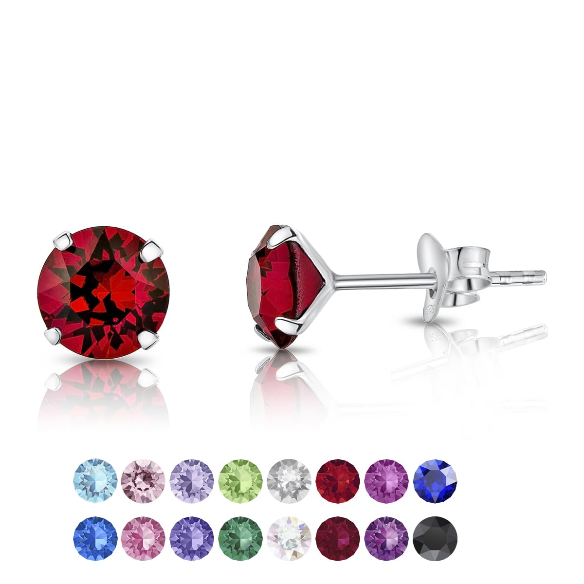 Ruby Stud Earrings for Women - 925 Sterling Silver Studs Earrings with Ruby Crystal 6 mm - 925 Silver Round Studs Red